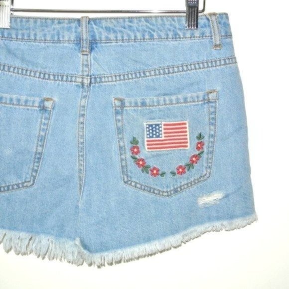 FOREVER 21‎ Ripped Denim Shorts Embroidery Usa Flag - Picture 8 of 9